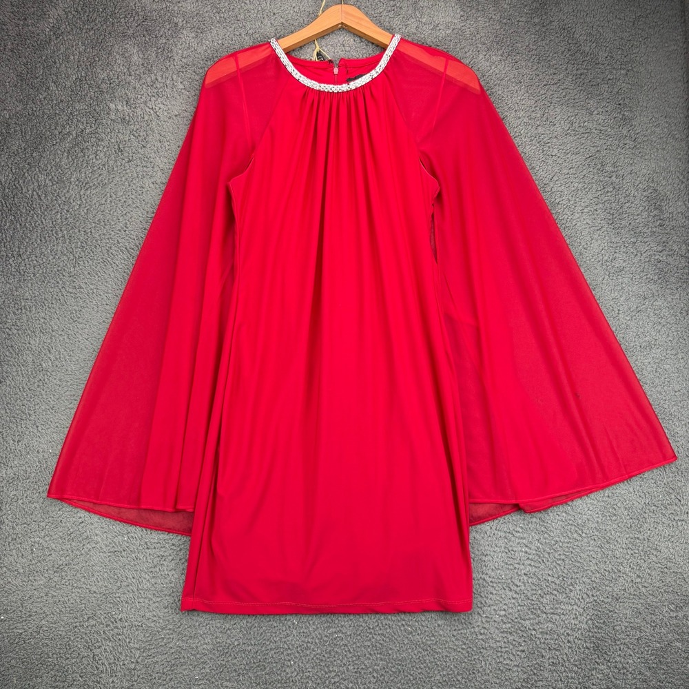 R&M Richards Petite Red Cape Sleeve Rhinestone Neck‎ Sheath Dress 6P